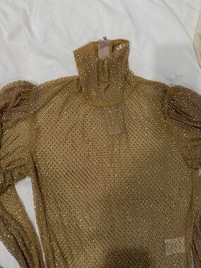 For Love And Lemons Metallic Gold Long-Sleeve Sheer crystal rhinestone Mesh Top